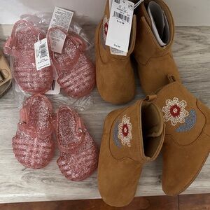 Tan Embroidered Boots and Pink Glitter Sandals